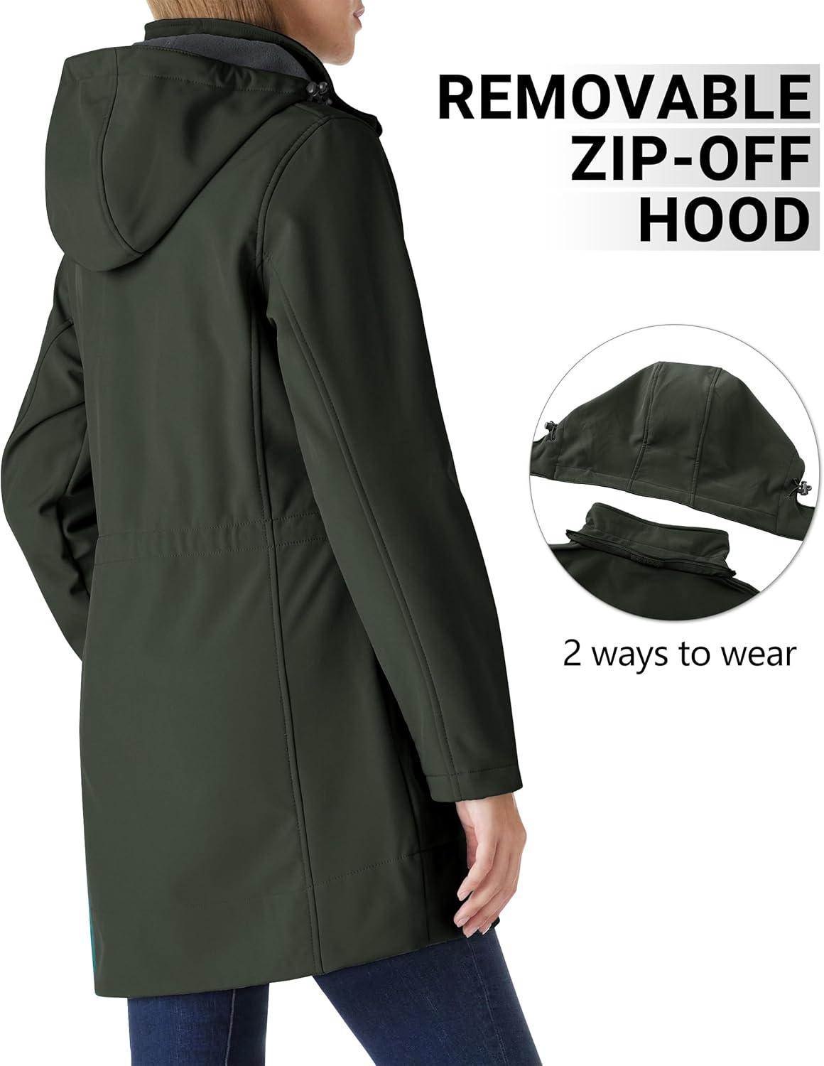 Outdoor Ventures Women’s Softshell Jacket with Removable Hood Fleece Lined Windbreaker Insulated Long Warm Rain Jacket(Dark Army Green)