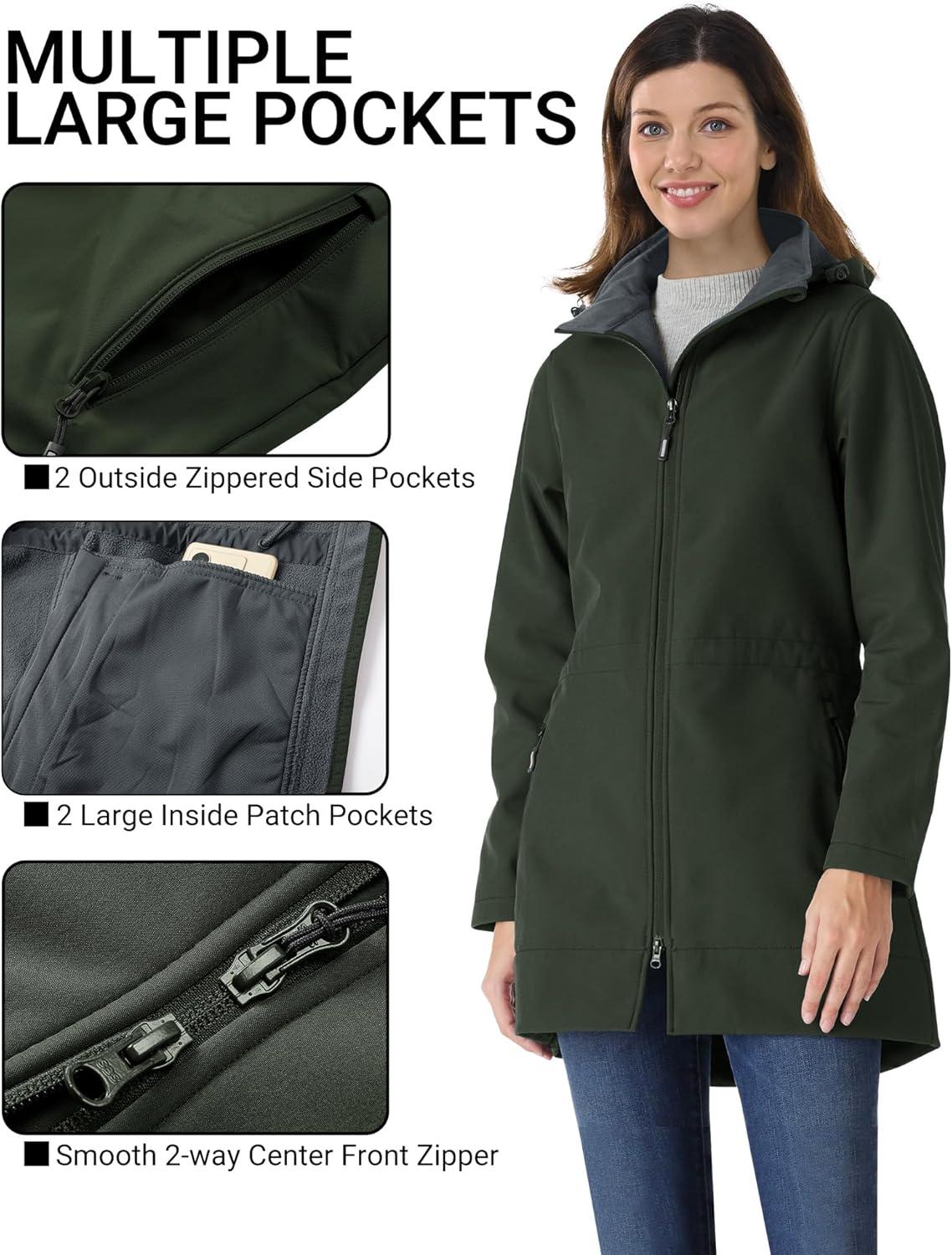 Outdoor Ventures Women’s Softshell Jacket with Removable Hood Fleece Lined Windbreaker Insulated Long Warm Rain Jacket(Dark Army Green)