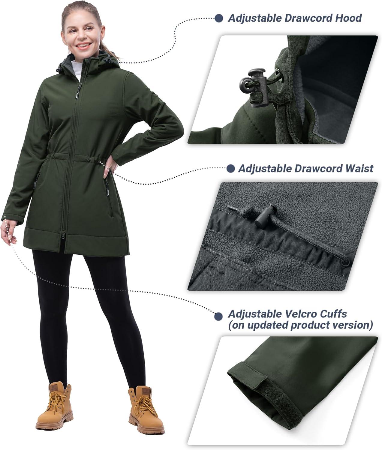 Outdoor Ventures Women’s Softshell Jacket with Removable Hood Fleece Lined Windbreaker Insulated Long Warm Rain Jacket(Dark Army Green)