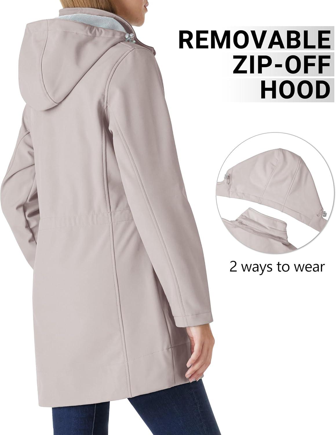 Outdoor Ventures Women’s Softshell Jacket with Removable Hood Fleece Lined Windbreaker Insulated Long Warm Rain Jacket(Khaki)