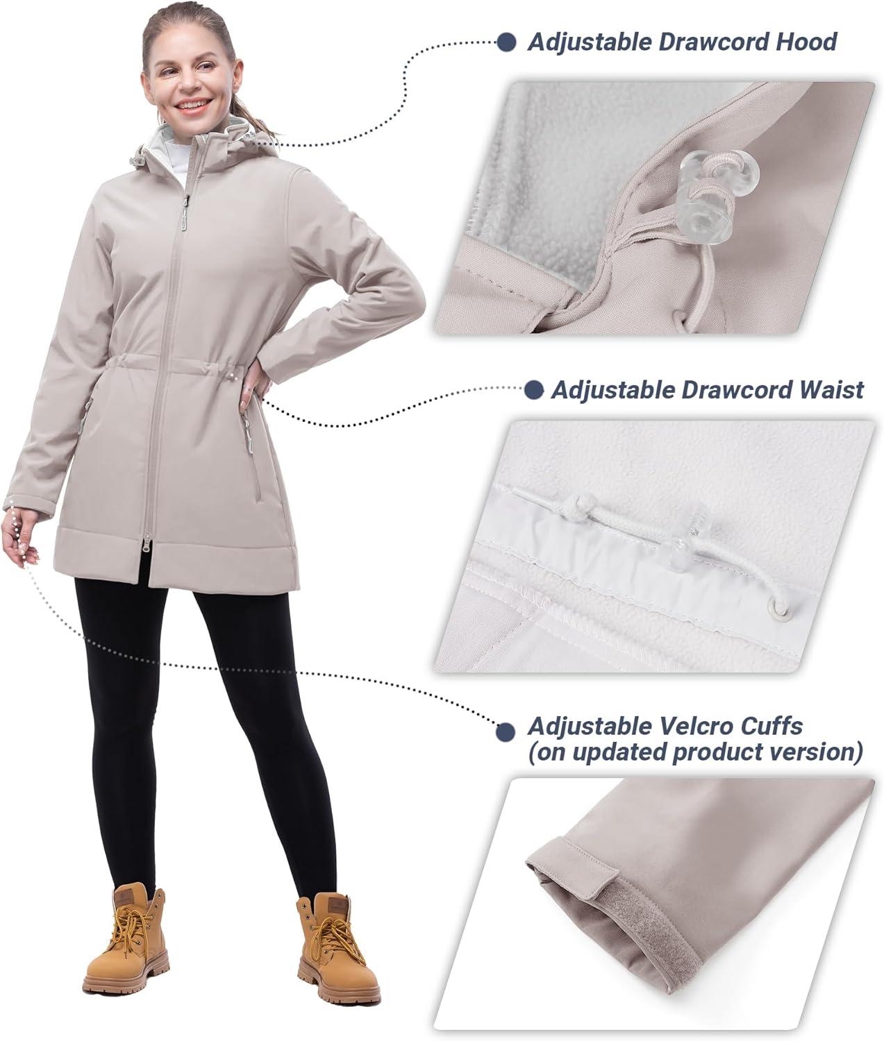 Outdoor Ventures Women’s Softshell Jacket with Removable Hood Fleece Lined Windbreaker Insulated Long Warm Rain Jacket(Khaki)