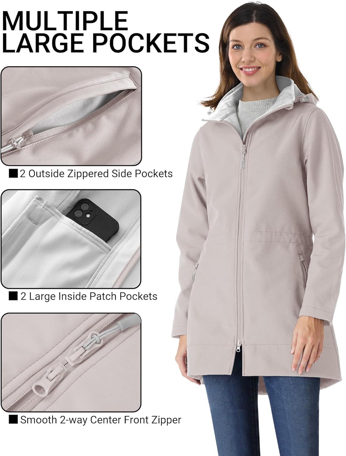 Outdoor Ventures Women’s Softshell Jacket with Removable Hood Fleece Lined Windbreaker Insulated Long Warm Rain Jacket(Khaki)