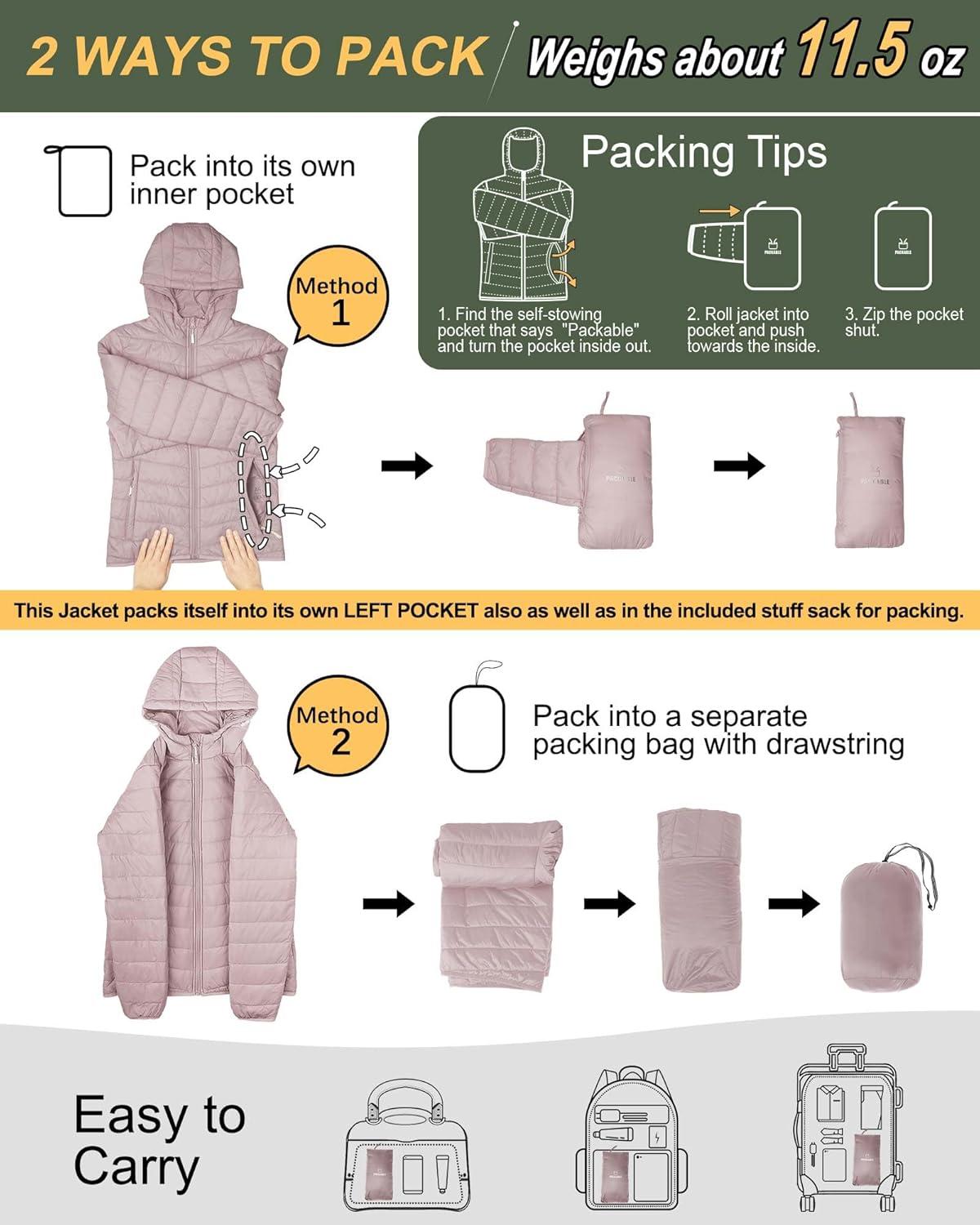Outdoor Ventures Women’s Packable Lightweight Full-Zip Puffer Jacket with Hood Quilted Winter Coat(Pale Rosy(fold in Pocket))