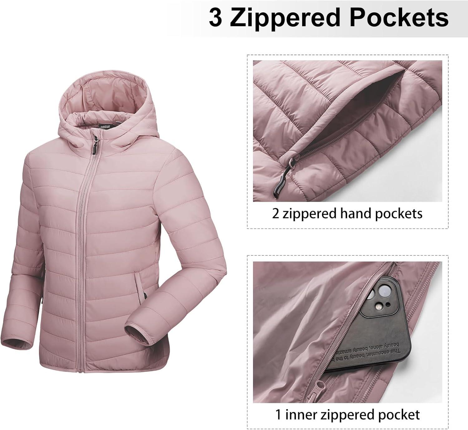 Outdoor Ventures Women’s Packable Lightweight Full-Zip Puffer Jacket with Hood Quilted Winter Coat(Pale Rosy(fold in Pocket))