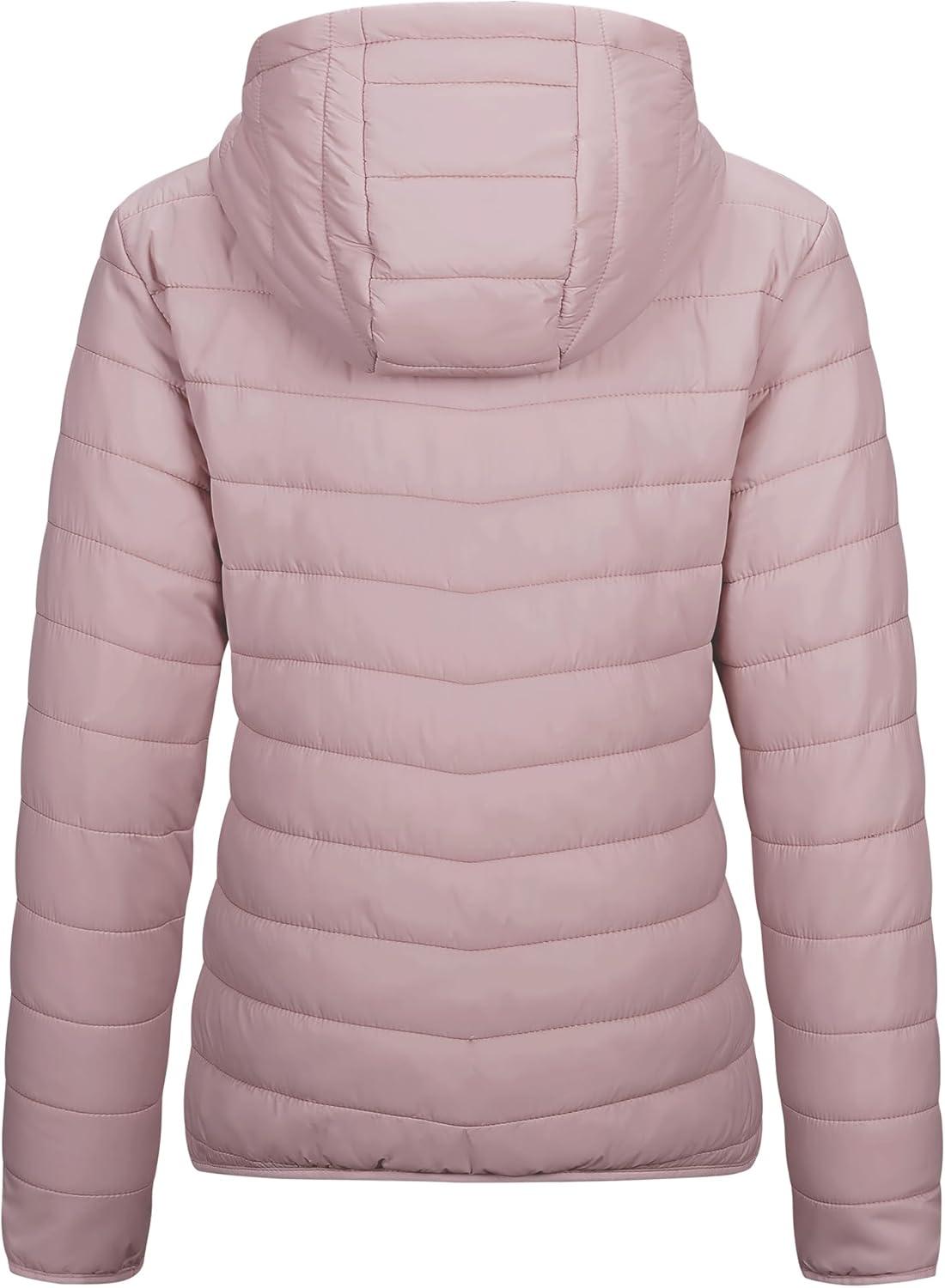 Outdoor Ventures Women’s Packable Lightweight Full-Zip Puffer Jacket with Hood Quilted Winter Coat(Pale Rosy(fold in Pocket))