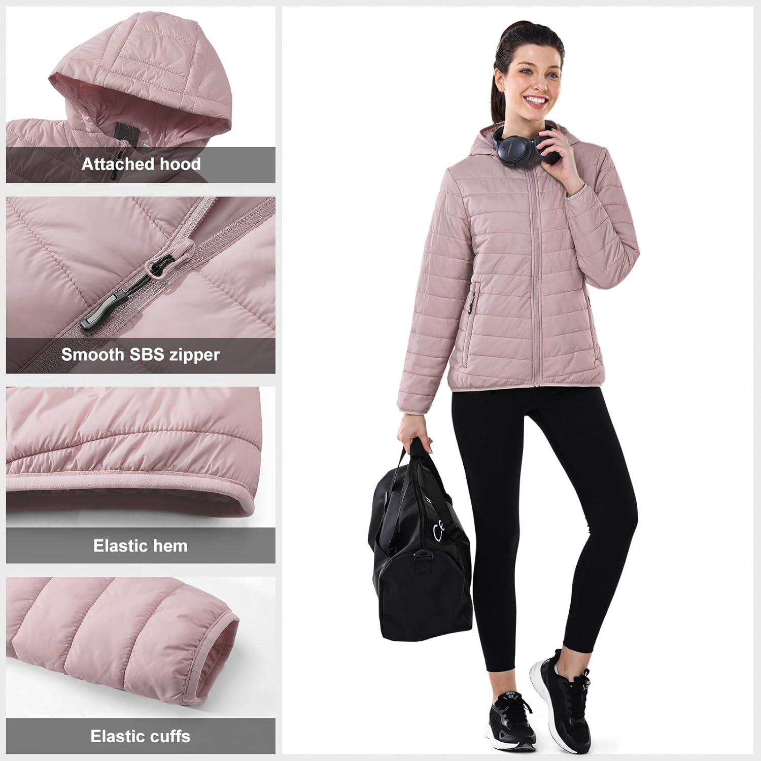 Outdoor Ventures Women’s Packable Lightweight Full-Zip Puffer Jacket with Hood Quilted Winter Coat(Pale Rosy(fold in Pocket))