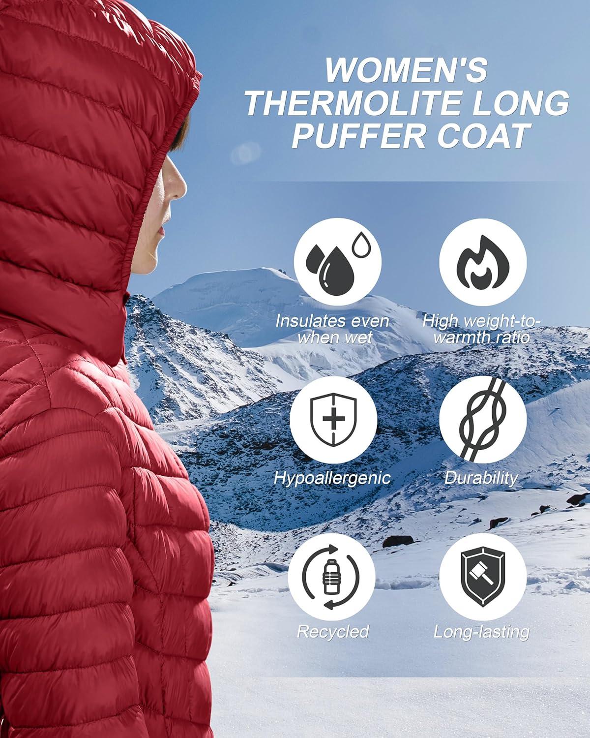 Outdoor Ventures Women’s Maryan Hooded Ultra Lightweight Warm Thermolite Long Puffer Coat(Burgundy(matte)-avg.36″ Long Length)
