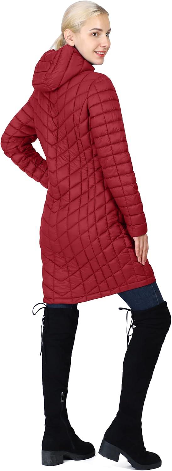 Outdoor Ventures Women’s Maryan Hooded Ultra Lightweight Warm Thermolite Long Puffer Coat(Burgundy(matte)-avg.36″ Long Length)