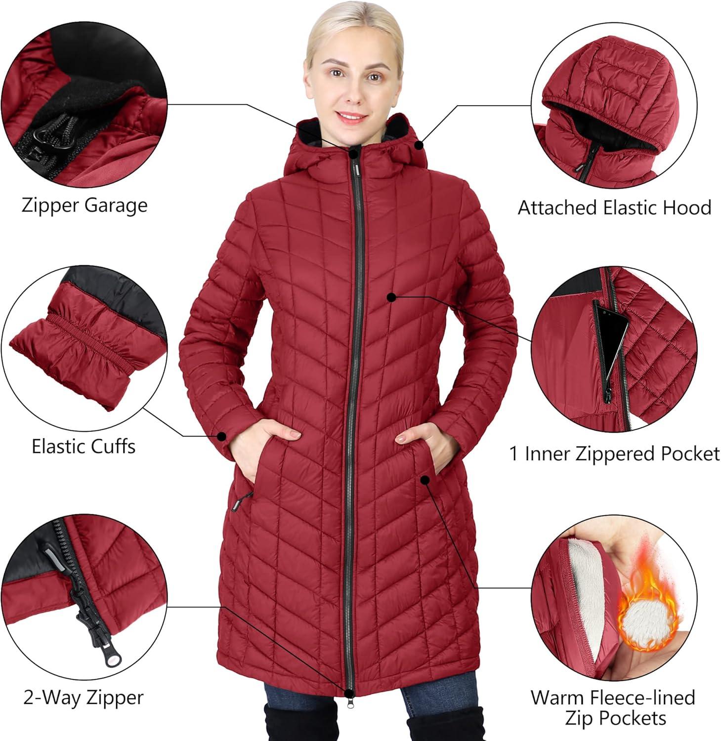 Outdoor Ventures Women’s Maryan Hooded Ultra Lightweight Warm Thermolite Long Puffer Coat(Burgundy(matte)-avg.36″ Long Length)