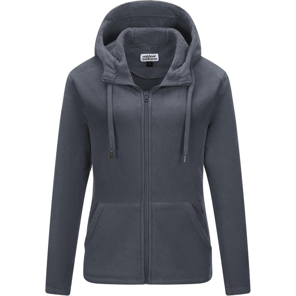 Outdoor Ventures Women’s Full Zip Hooded Fleece Jacket Coat with 6 Pockets, Warm Soft Polar Fleece Casual Hoodie Sweatshirt(Dark Grey)