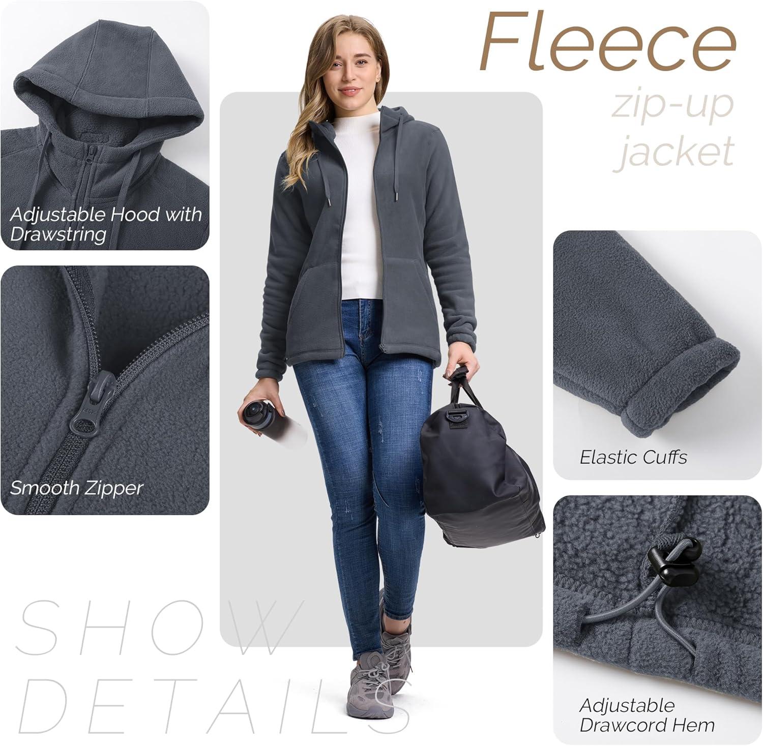 Outdoor Ventures Women’s Full Zip Hooded Fleece Jacket Coat with 6 Pockets, Warm Soft Polar Fleece Casual Hoodie Sweatshirt(Dark Grey)