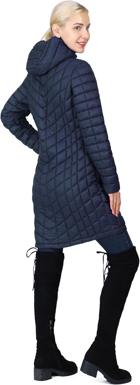 Outdoor Ventures Women’s Maryan Hooded Ultra Lightweight Warm Thermolite Long Puffer Coat(Navy(matte)-avg.36″ Long Length)