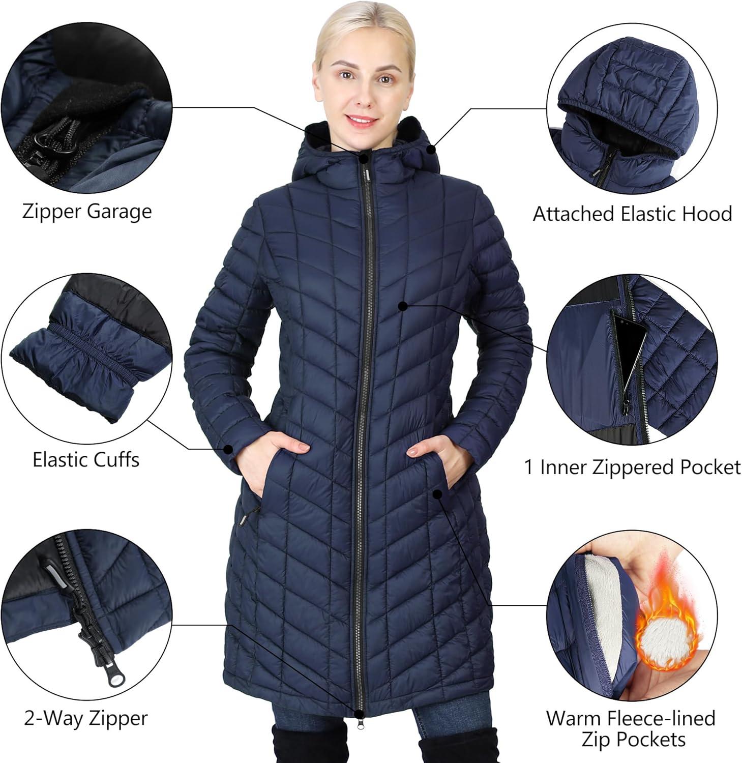 Outdoor Ventures Women’s Maryan Hooded Ultra Lightweight Warm Thermolite Long Puffer Coat(Navy(matte)-avg.36″ Long Length)
