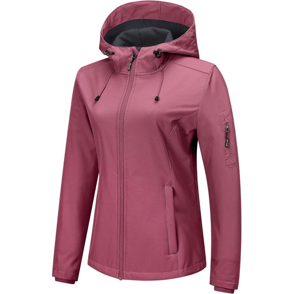Outdoor Ventures Women’s Softshell Jacket with Hood Fleece Lined Warm Lightweight Waterproof Insulated Windbreaker(Pink)