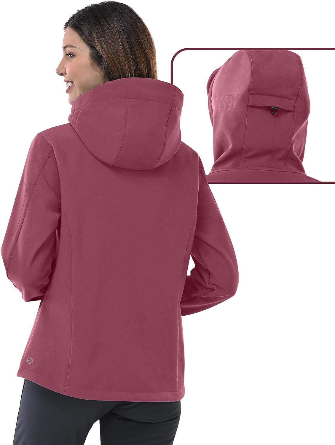 Outdoor Ventures Women’s Softshell Jacket with Hood Fleece Lined Warm Lightweight Waterproof Insulated Windbreaker(Pink)