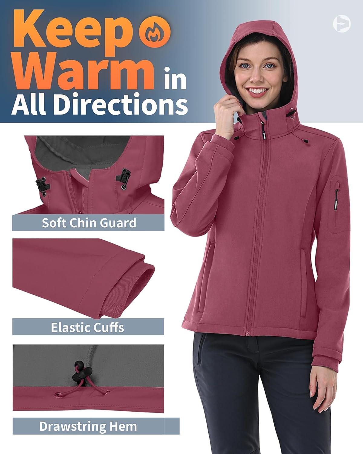 Outdoor Ventures Women’s Softshell Jacket with Hood Fleece Lined Warm Lightweight Waterproof Insulated Windbreaker(Pink)