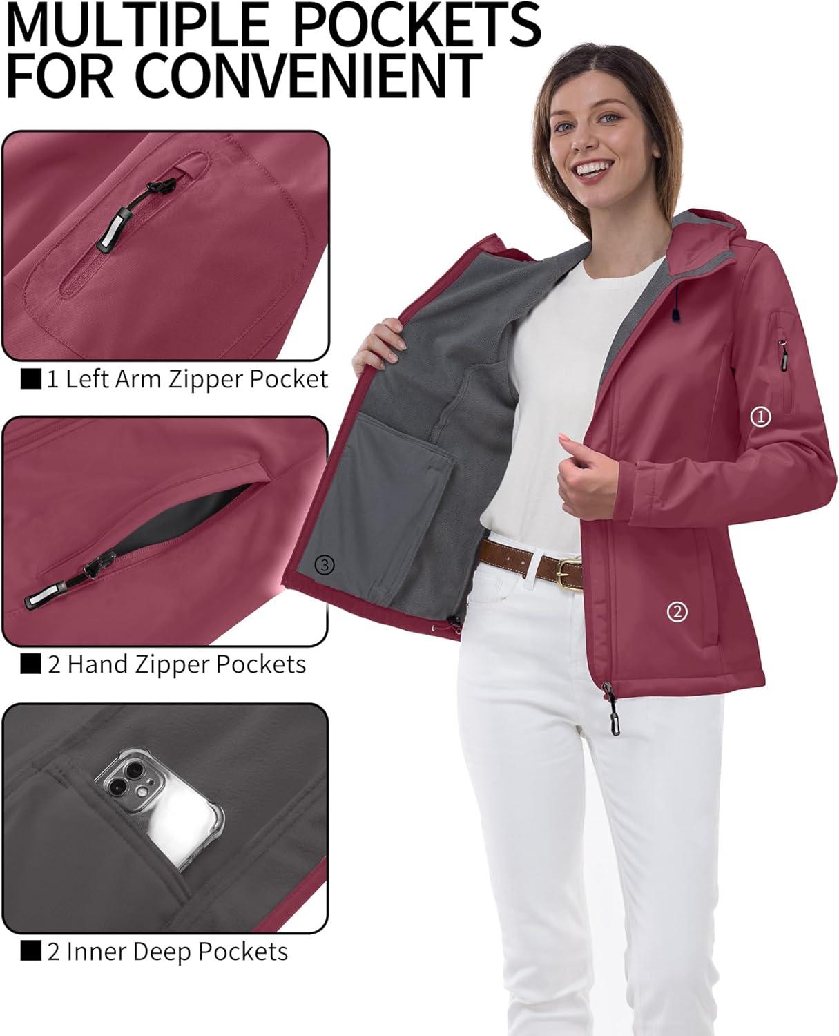 Outdoor Ventures Women’s Softshell Jacket with Hood Fleece Lined Warm Lightweight Waterproof Insulated Windbreaker(Pink)