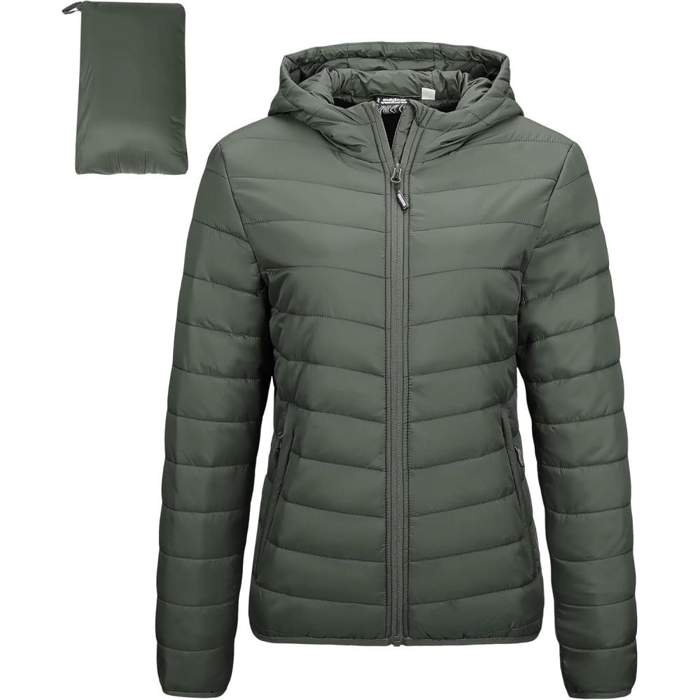 Outdoor Ventures Women’s Packable Lightweight Full-Zip Puffer Jacket with Hood Quilted Winter Coat(Army Green(fold in Pocket))