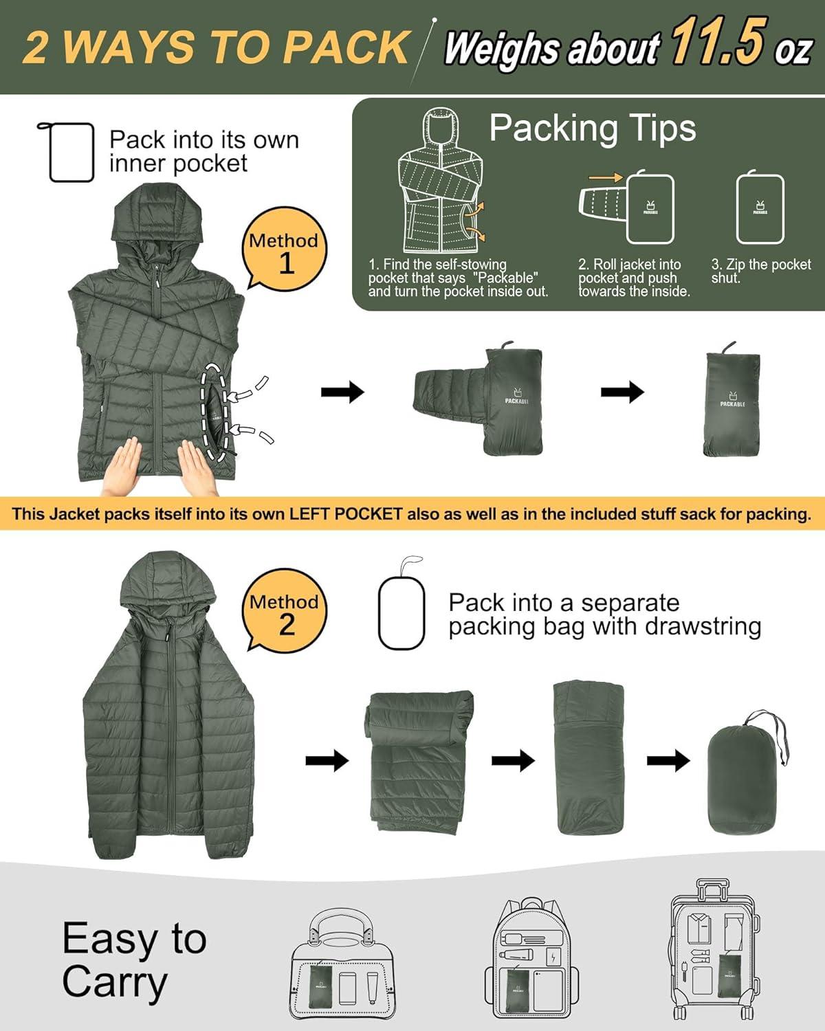 Outdoor Ventures Women’s Packable Lightweight Full-Zip Puffer Jacket with Hood Quilted Winter Coat(Army Green(fold in Pocket))