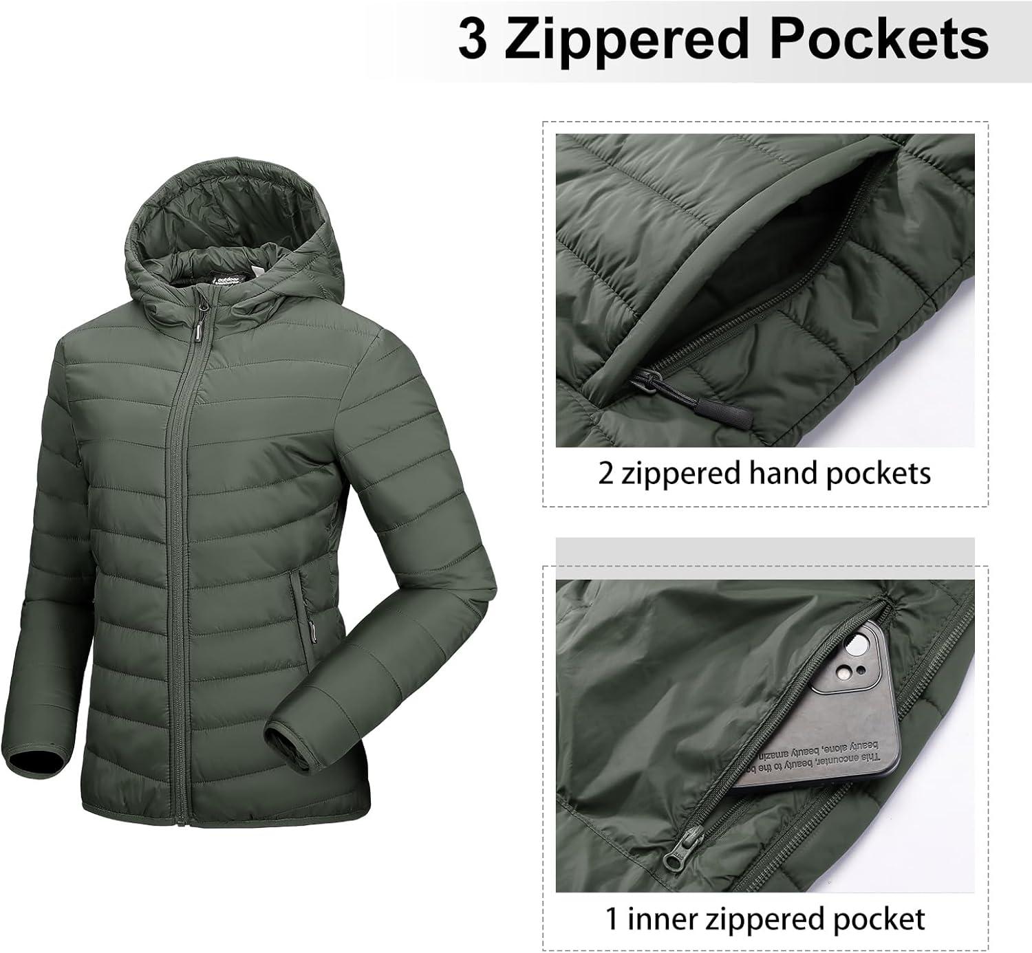 Outdoor Ventures Women’s Packable Lightweight Full-Zip Puffer Jacket with Hood Quilted Winter Coat(Army Green(fold in Pocket))