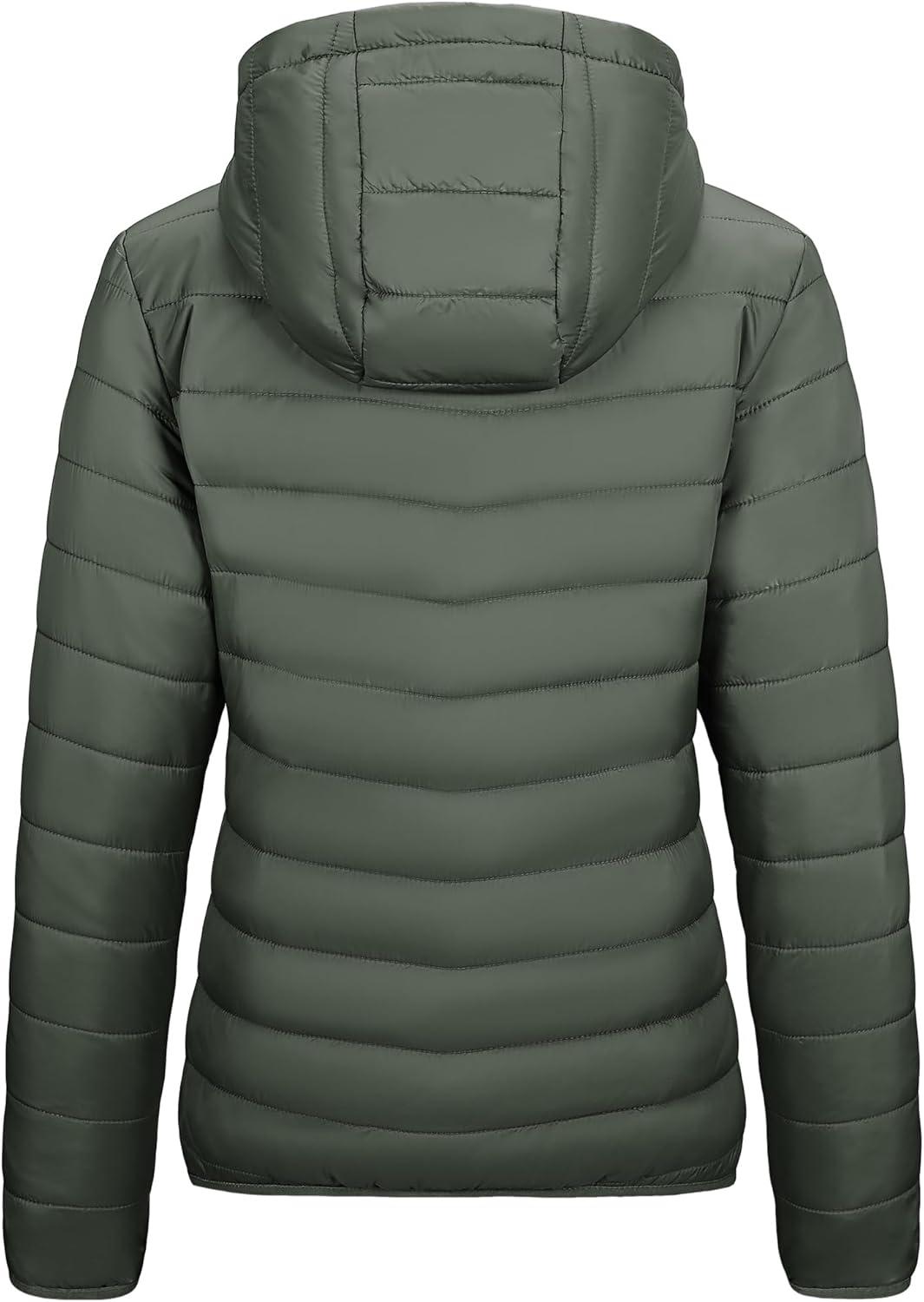 Outdoor Ventures Women’s Packable Lightweight Full-Zip Puffer Jacket with Hood Quilted Winter Coat(Army Green(fold in Pocket))