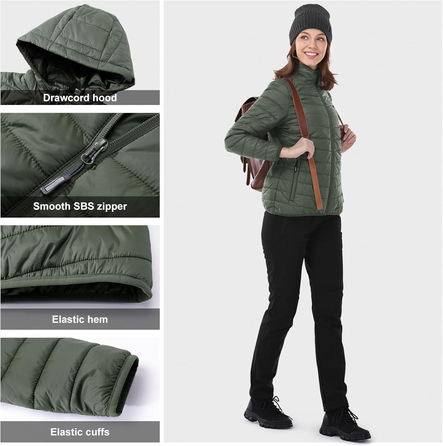 Outdoor Ventures Women’s Packable Lightweight Full-Zip Puffer Jacket with Hood Quilted Winter Coat(Army Green(fold in Pocket))