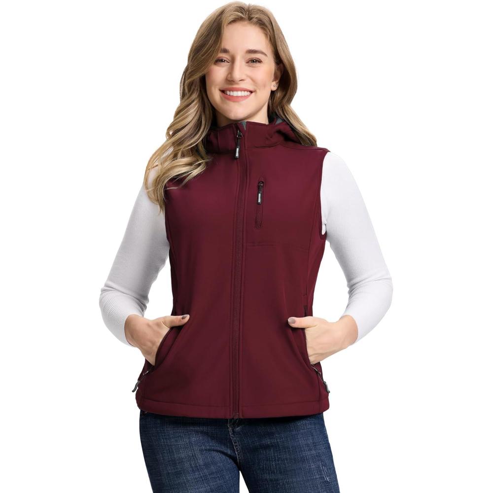 Outdoor Ventures Women’s Hooded Lightweight Softshell Vest, Windproof Fleece Lined Sleeveless Jacket for Golf Running Travel(Dark Red)
