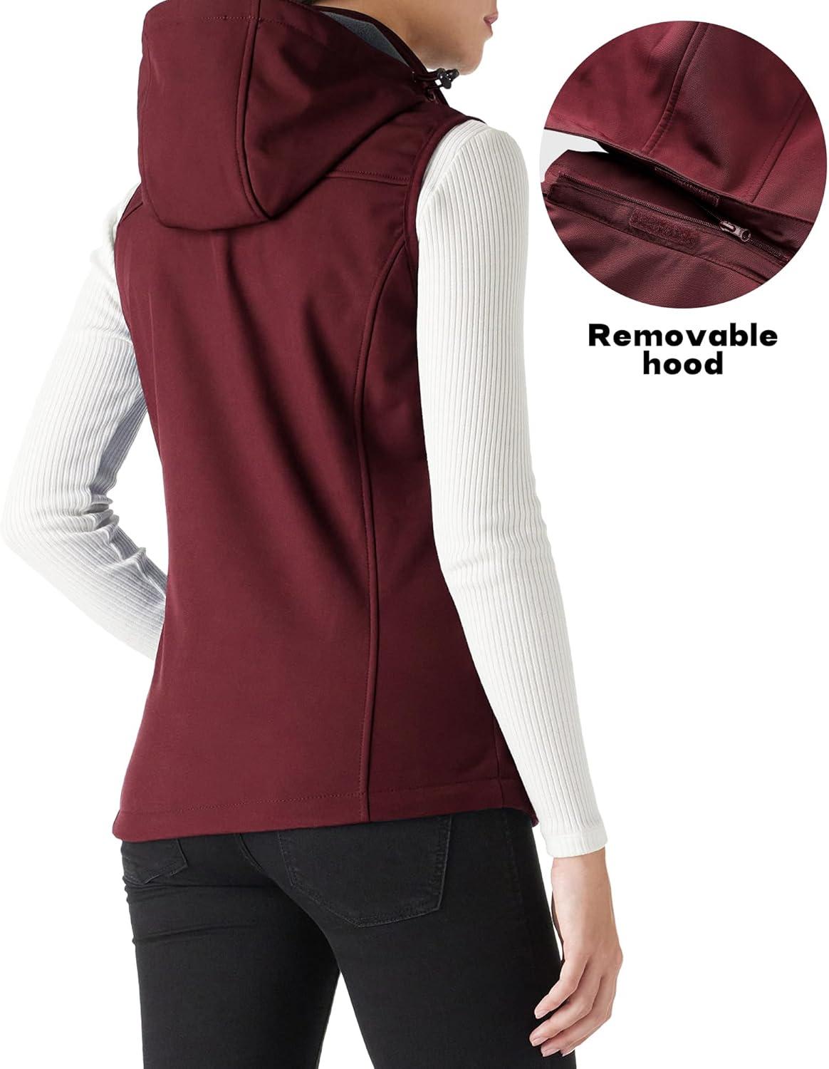 Outdoor Ventures Women’s Hooded Lightweight Softshell Vest, Windproof Fleece Lined Sleeveless Jacket for Golf Running Travel(Dark Red)