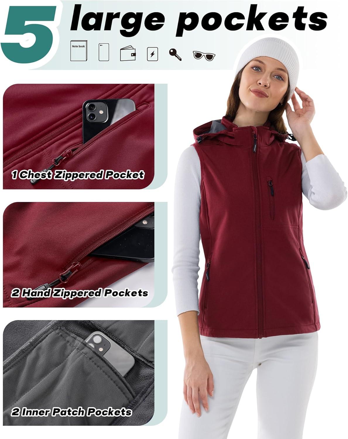 Outdoor Ventures Women’s Hooded Lightweight Softshell Vest, Windproof Fleece Lined Sleeveless Jacket for Golf Running Travel(Dark Red)