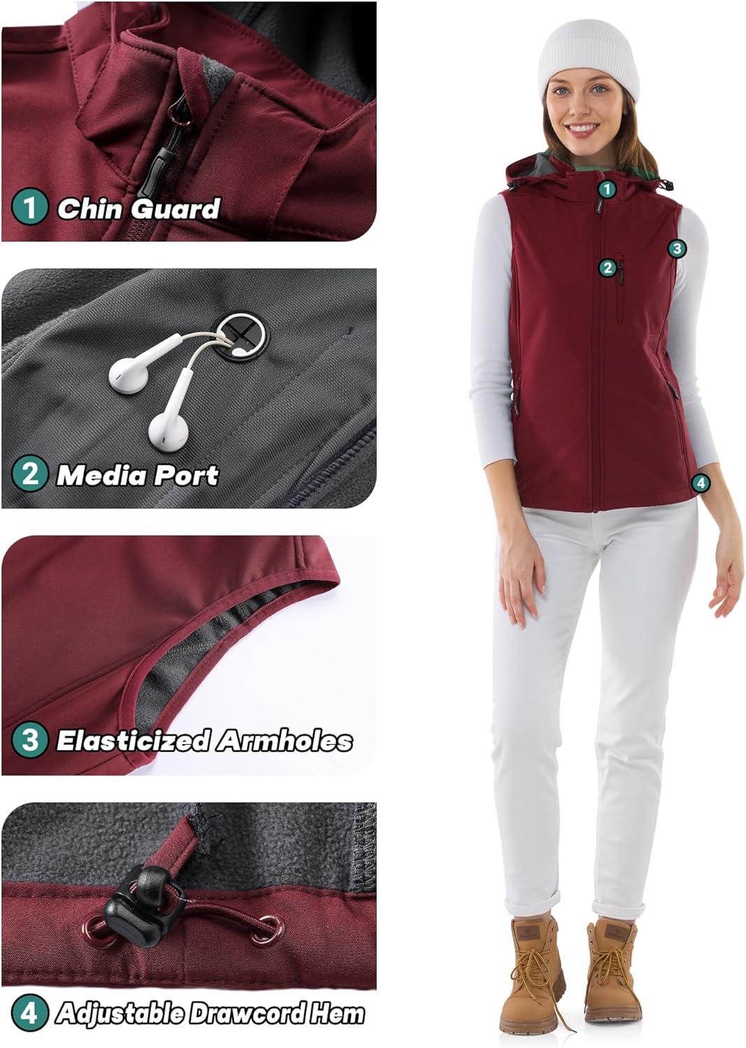 Outdoor Ventures Women’s Hooded Lightweight Softshell Vest, Windproof Fleece Lined Sleeveless Jacket for Golf Running Travel(Dark Red)
