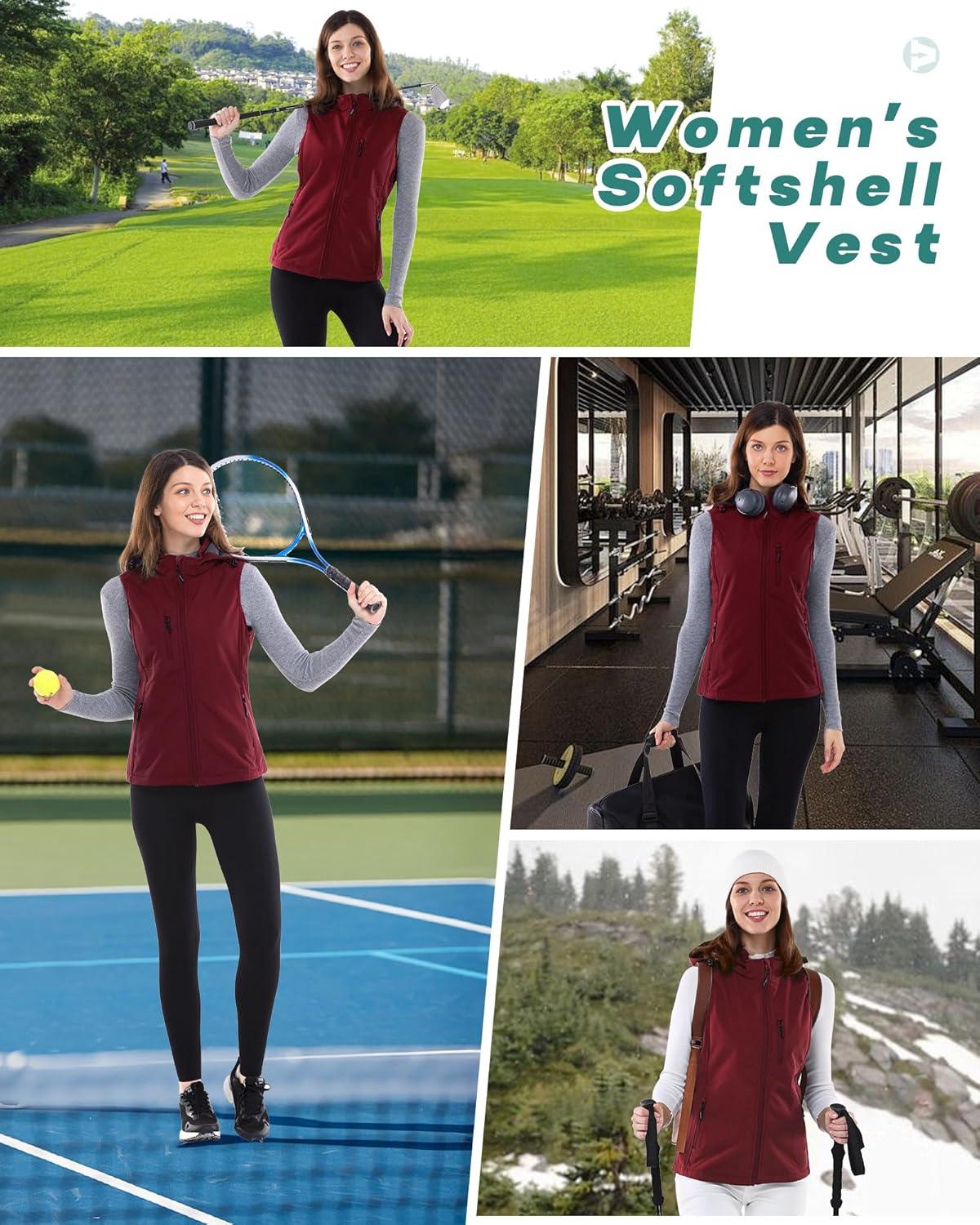 Outdoor Ventures Women’s Hooded Lightweight Softshell Vest, Windproof Fleece Lined Sleeveless Jacket for Golf Running Travel(Dark Red)