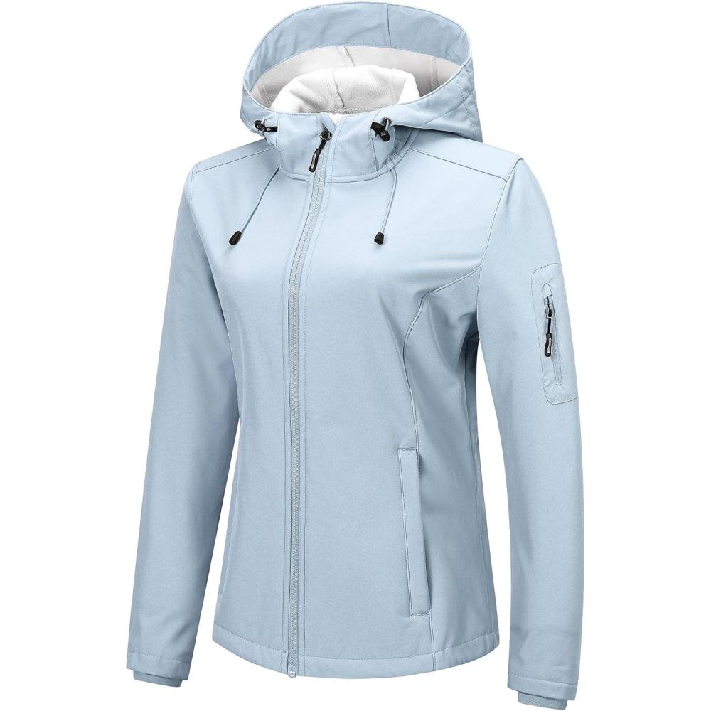 Outdoor Ventures Women’s Softshell Jacket with Hood Fleece Lined Warm Lightweight Waterproof Insulated Windbreaker(Light Blue)