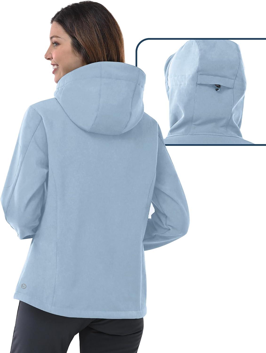 Outdoor Ventures Women’s Softshell Jacket with Hood Fleece Lined Warm Lightweight Waterproof Insulated Windbreaker(Light Blue)