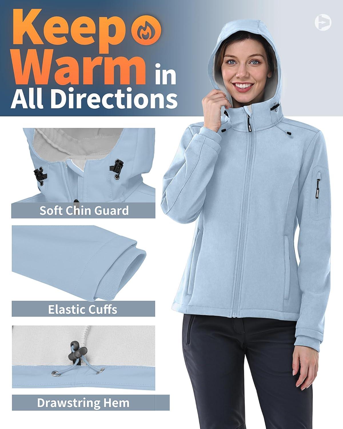 Outdoor Ventures Women’s Softshell Jacket with Hood Fleece Lined Warm Lightweight Waterproof Insulated Windbreaker(Light Blue)