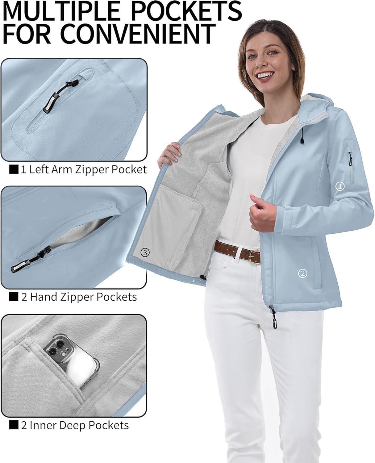 Outdoor Ventures Women’s Softshell Jacket with Hood Fleece Lined Warm Lightweight Waterproof Insulated Windbreaker(Light Blue)