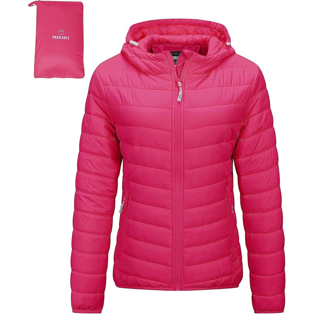 Outdoor Ventures Women’s Packable Lightweight Full-Zip Puffer Jacket with Hood Quilted Winter Coat(Hot Pink(fold in Pocket))