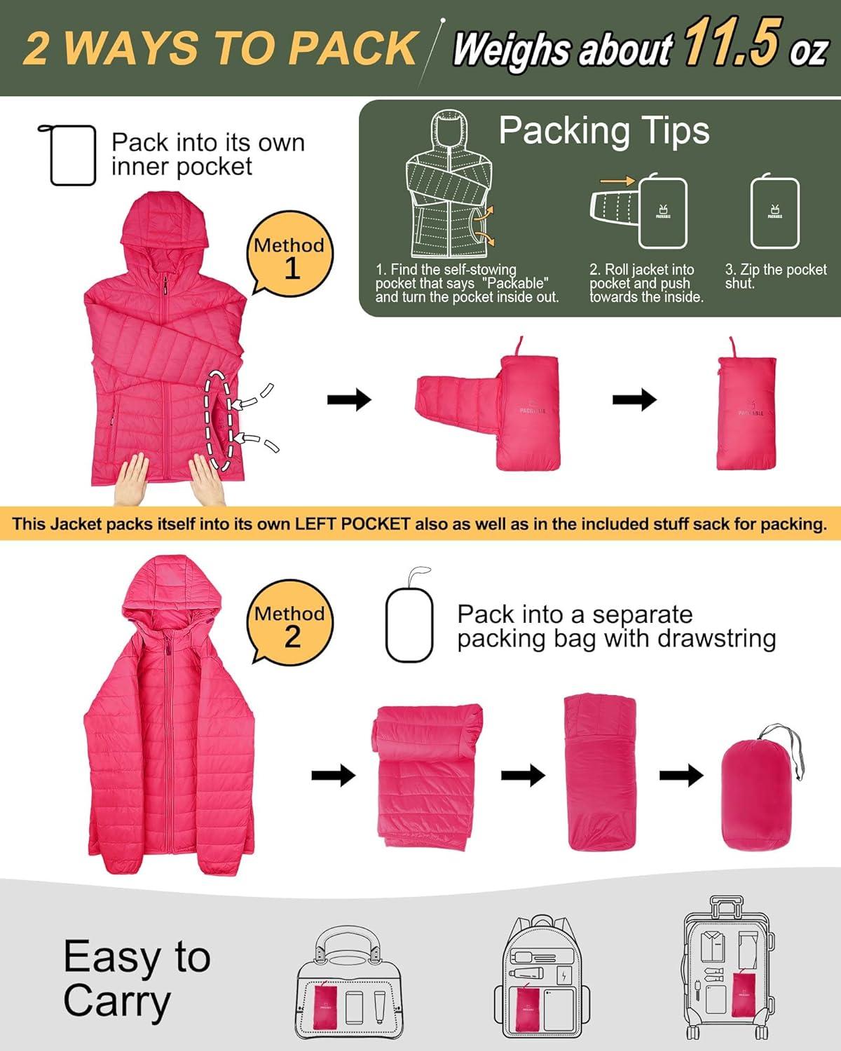 Outdoor Ventures Women’s Packable Lightweight Full-Zip Puffer Jacket with Hood Quilted Winter Coat(Hot Pink(fold in Pocket))