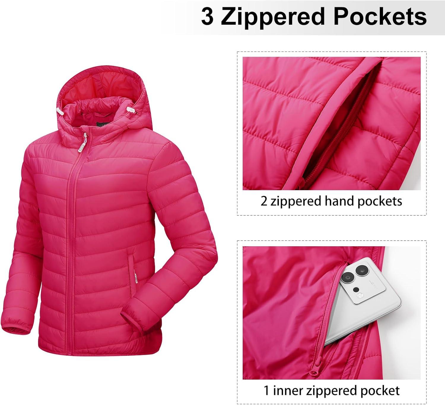 Outdoor Ventures Women’s Packable Lightweight Full-Zip Puffer Jacket with Hood Quilted Winter Coat(Hot Pink(fold in Pocket))