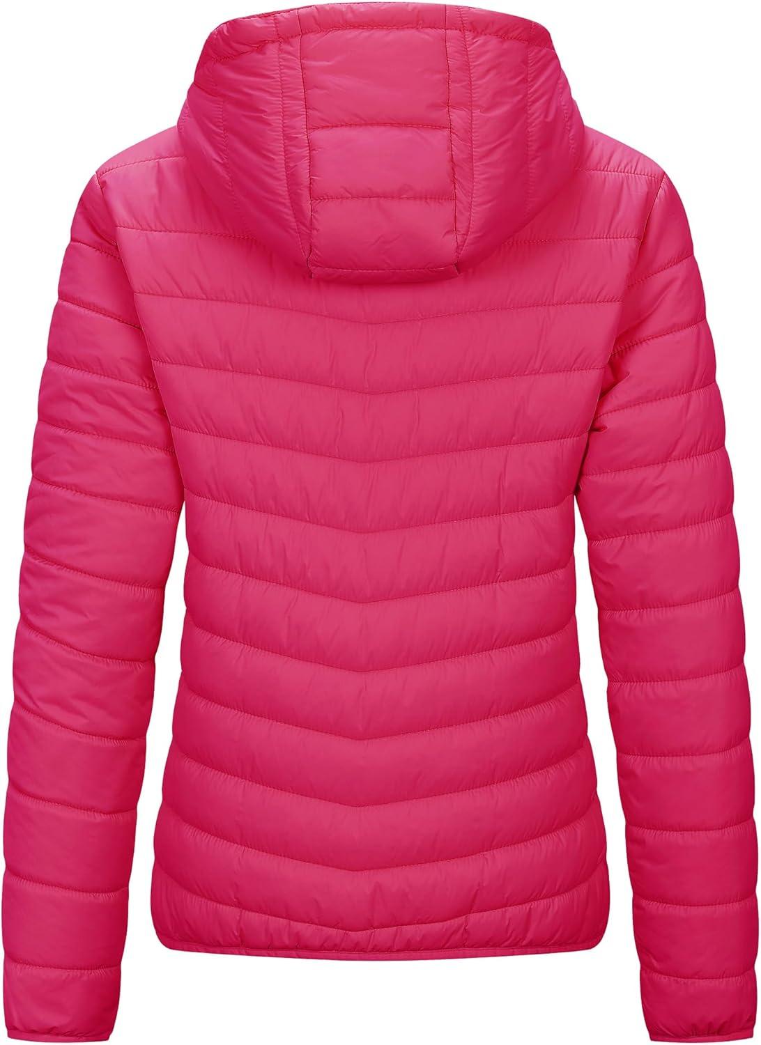 Outdoor Ventures Women’s Packable Lightweight Full-Zip Puffer Jacket with Hood Quilted Winter Coat(Hot Pink(fold in Pocket))
