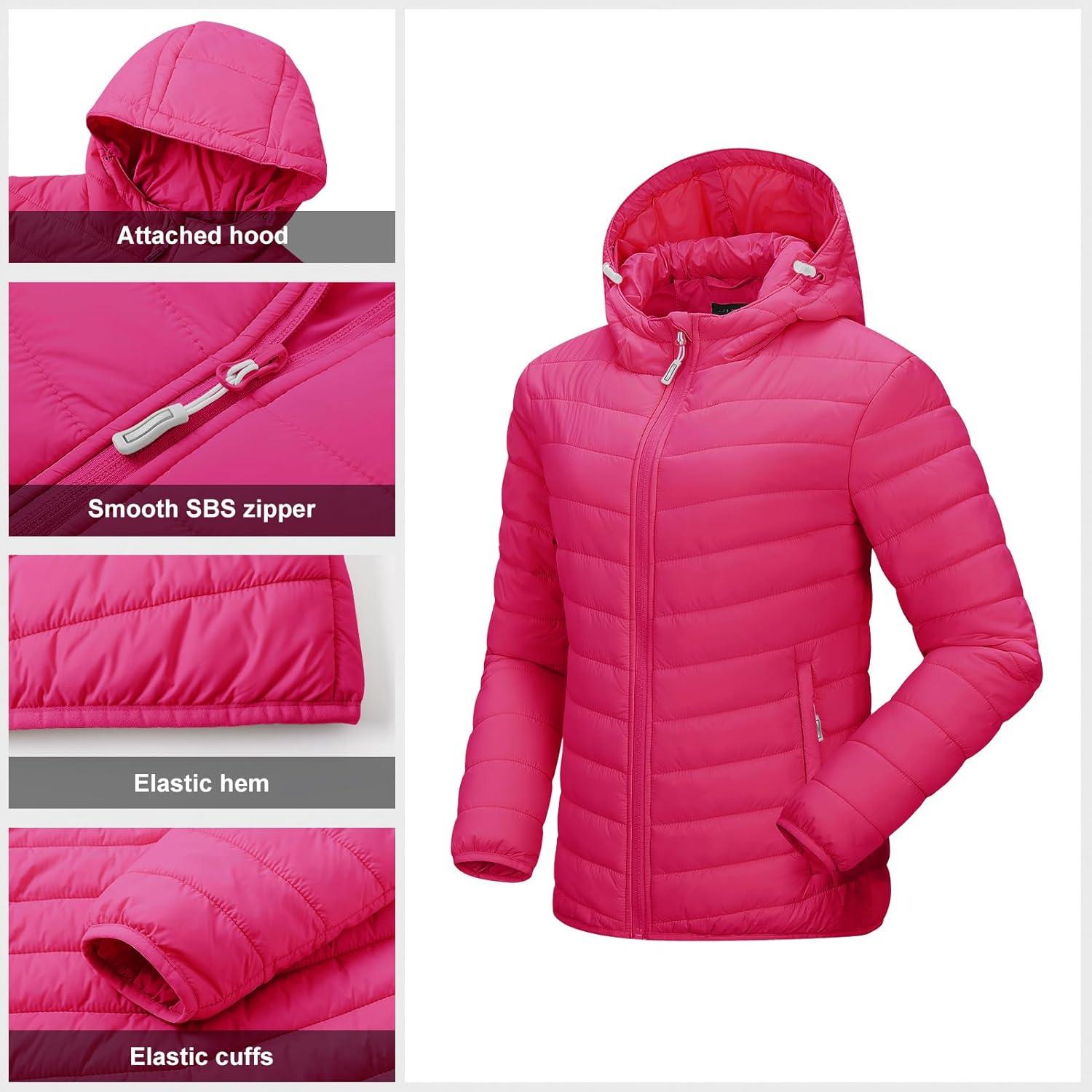 Outdoor Ventures Women’s Packable Lightweight Full-Zip Puffer Jacket with Hood Quilted Winter Coat(Hot Pink(fold in Pocket))