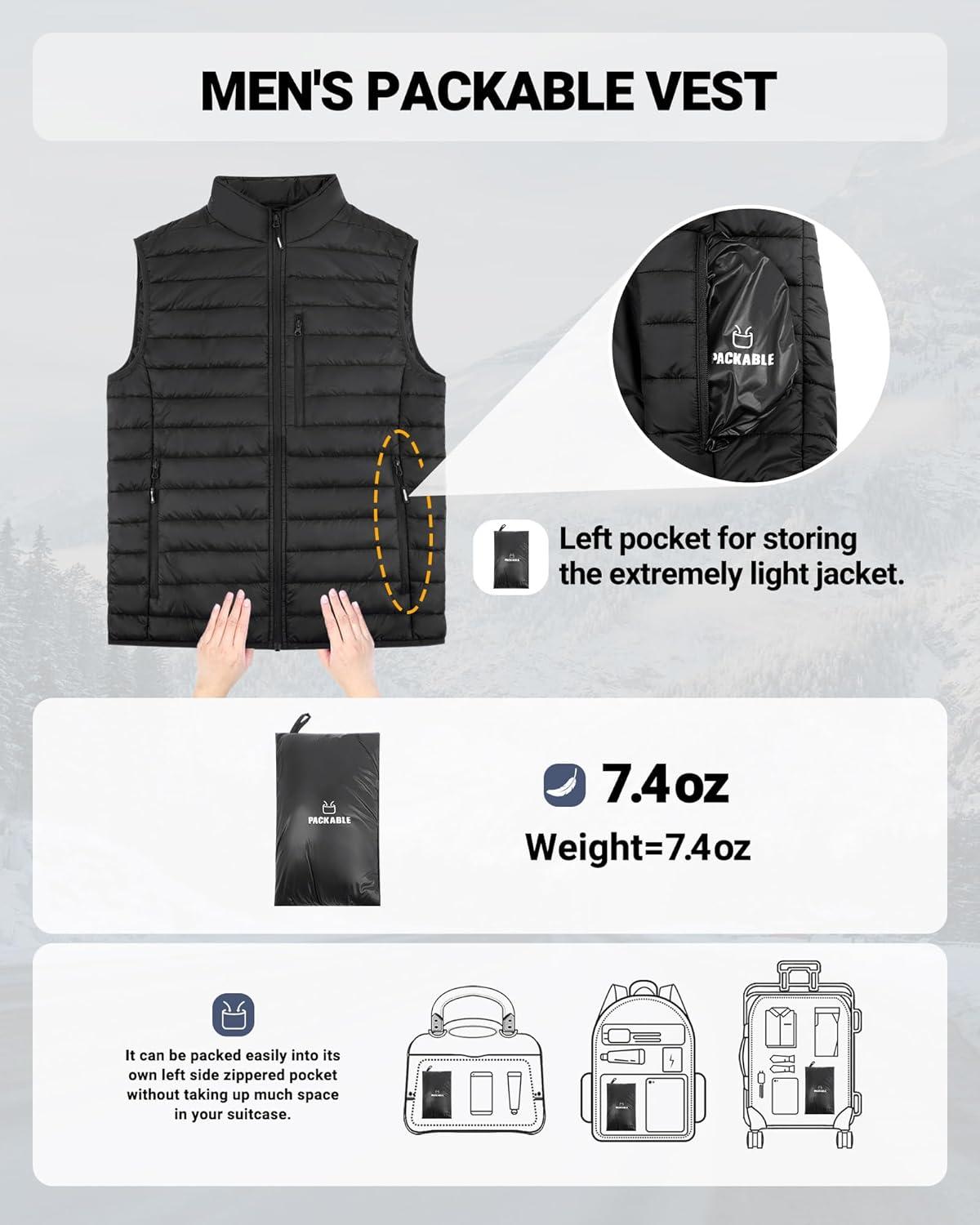 Outdoor Ventures Men’s Lightweight Puffer Vest Outerwear Warm Quilted Sleeveless Packable Winter Jacket for Hiking Running(Black)