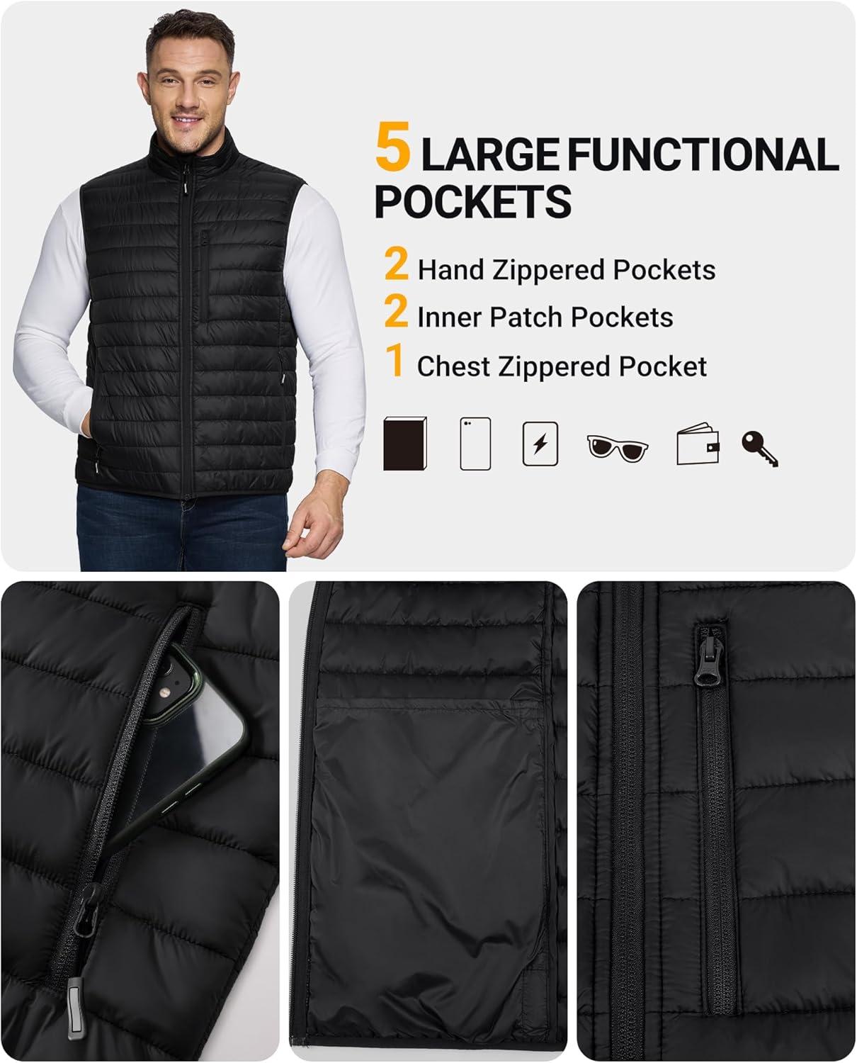 Outdoor Ventures Men’s Lightweight Puffer Vest Outerwear Warm Quilted Sleeveless Packable Winter Jacket for Hiking Running(Black)