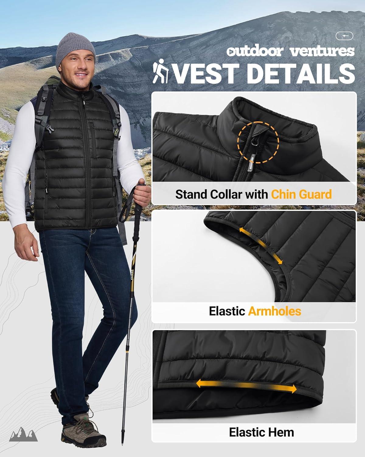 Outdoor Ventures Men’s Lightweight Puffer Vest Outerwear Warm Quilted Sleeveless Packable Winter Jacket for Hiking Running(Black)
