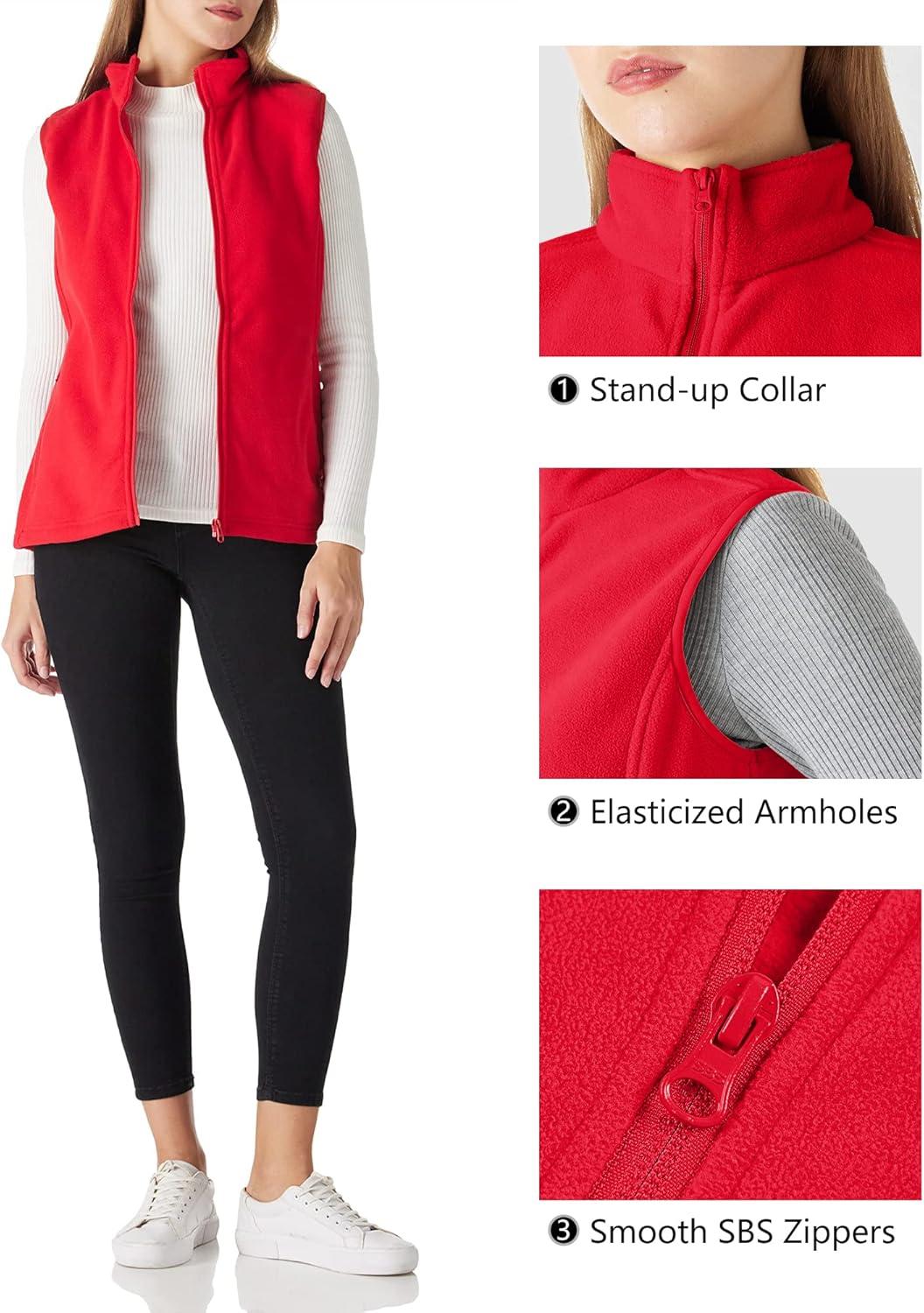 Outdoor Ventures Women’s Polar Fleece Zip Vest Outerwear with Pockets,Warm Sleeveless Coat Vest for Fall & Winter(Red)
