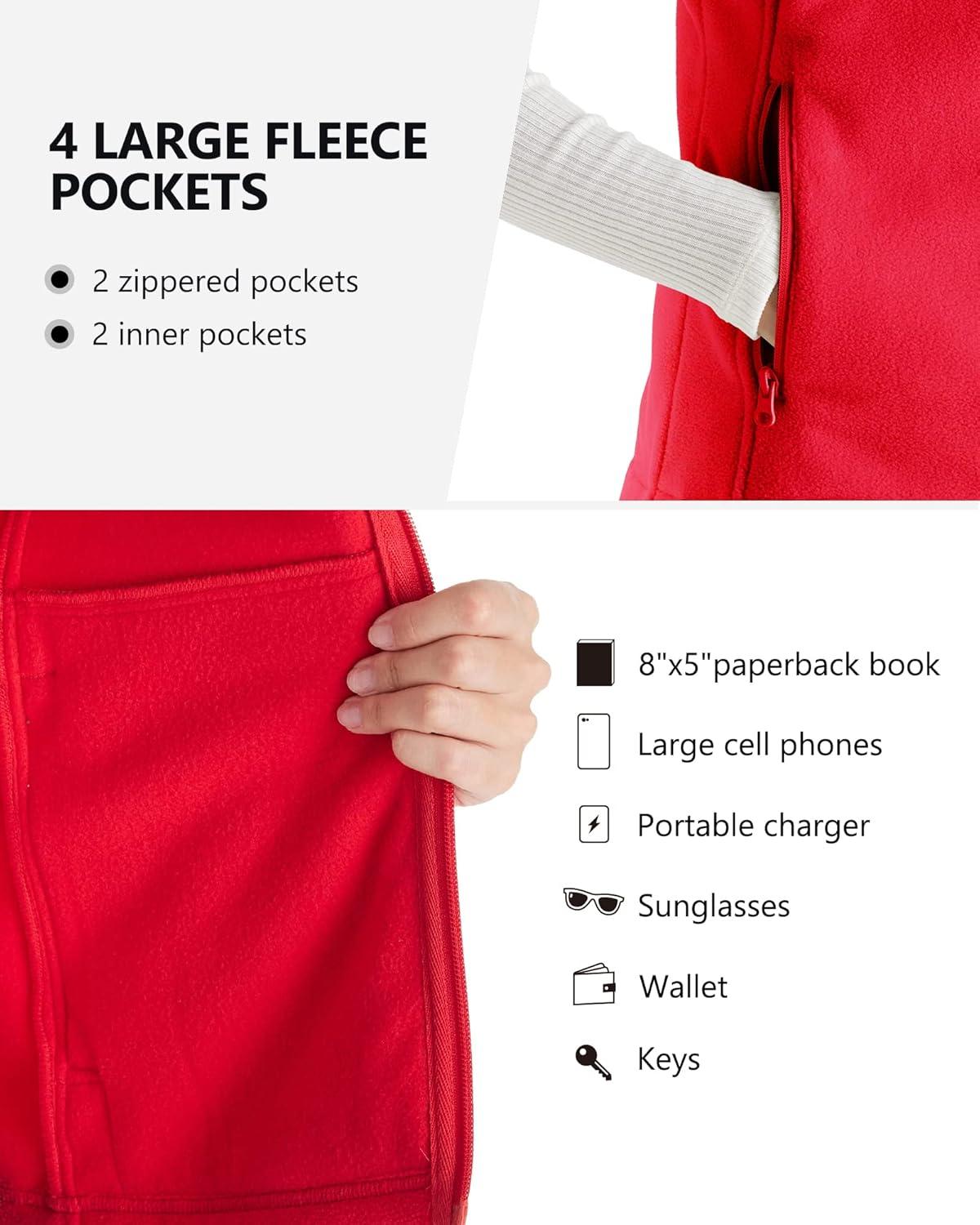 Outdoor Ventures Women’s Polar Fleece Zip Vest Outerwear with Pockets,Warm Sleeveless Coat Vest for Fall & Winter(Red)