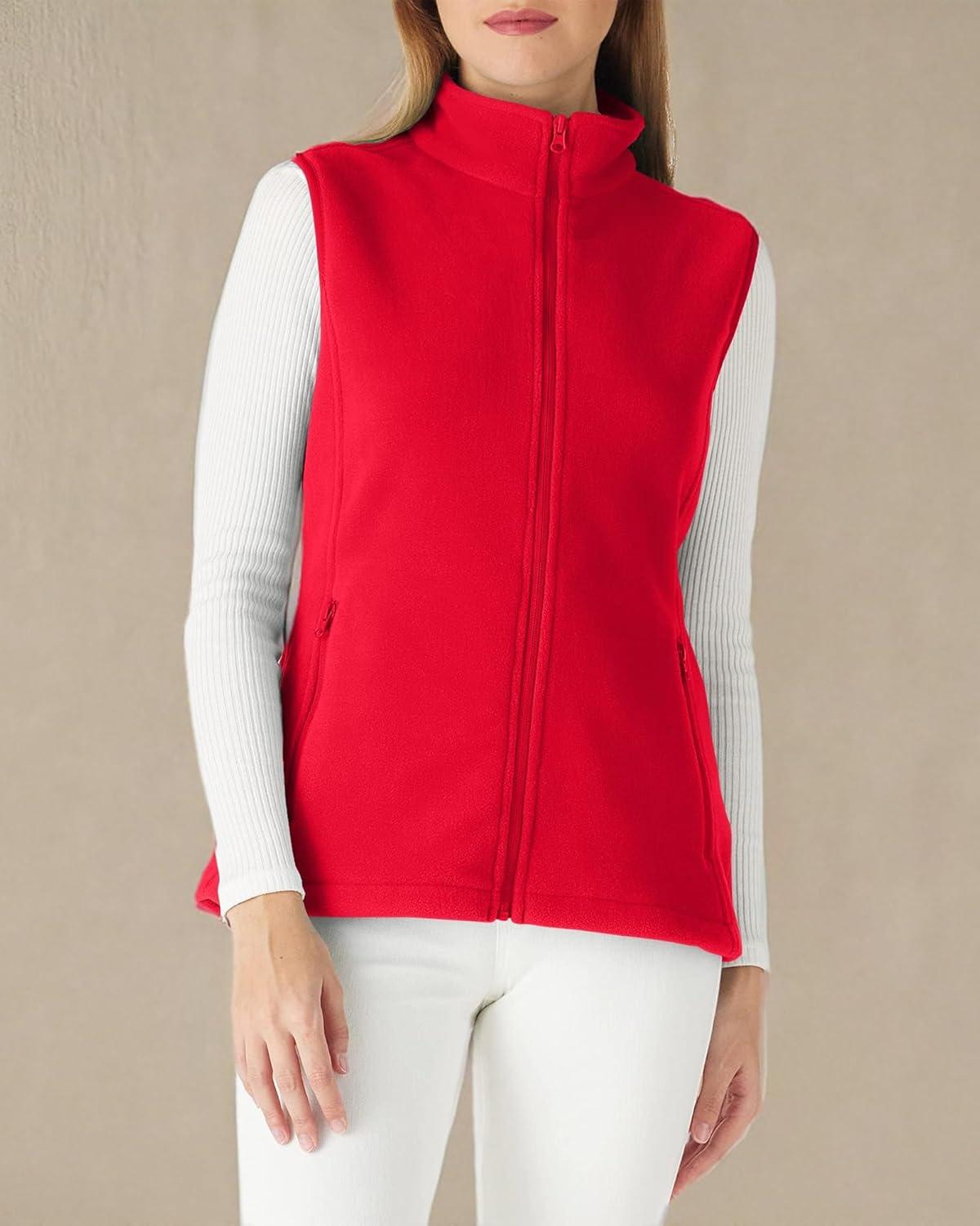 Outdoor Ventures Women’s Polar Fleece Zip Vest Outerwear with Pockets,Warm Sleeveless Coat Vest for Fall & Winter(Red)