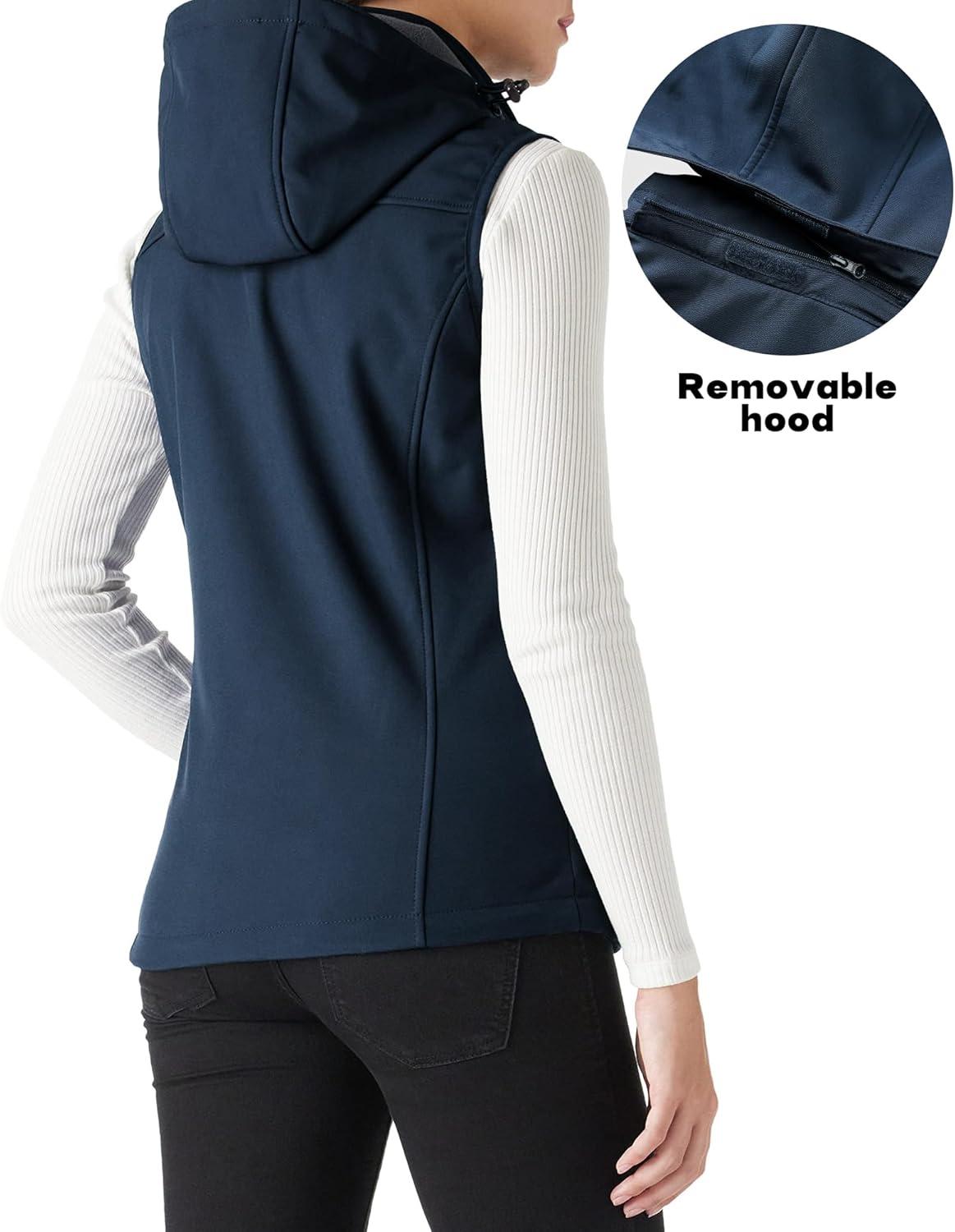 Outdoor Ventures Women’s Hooded Lightweight Softshell Vest, Windproof Fleece Lined Sleeveless Jacket for Golf Running Travel(Dark Blue)