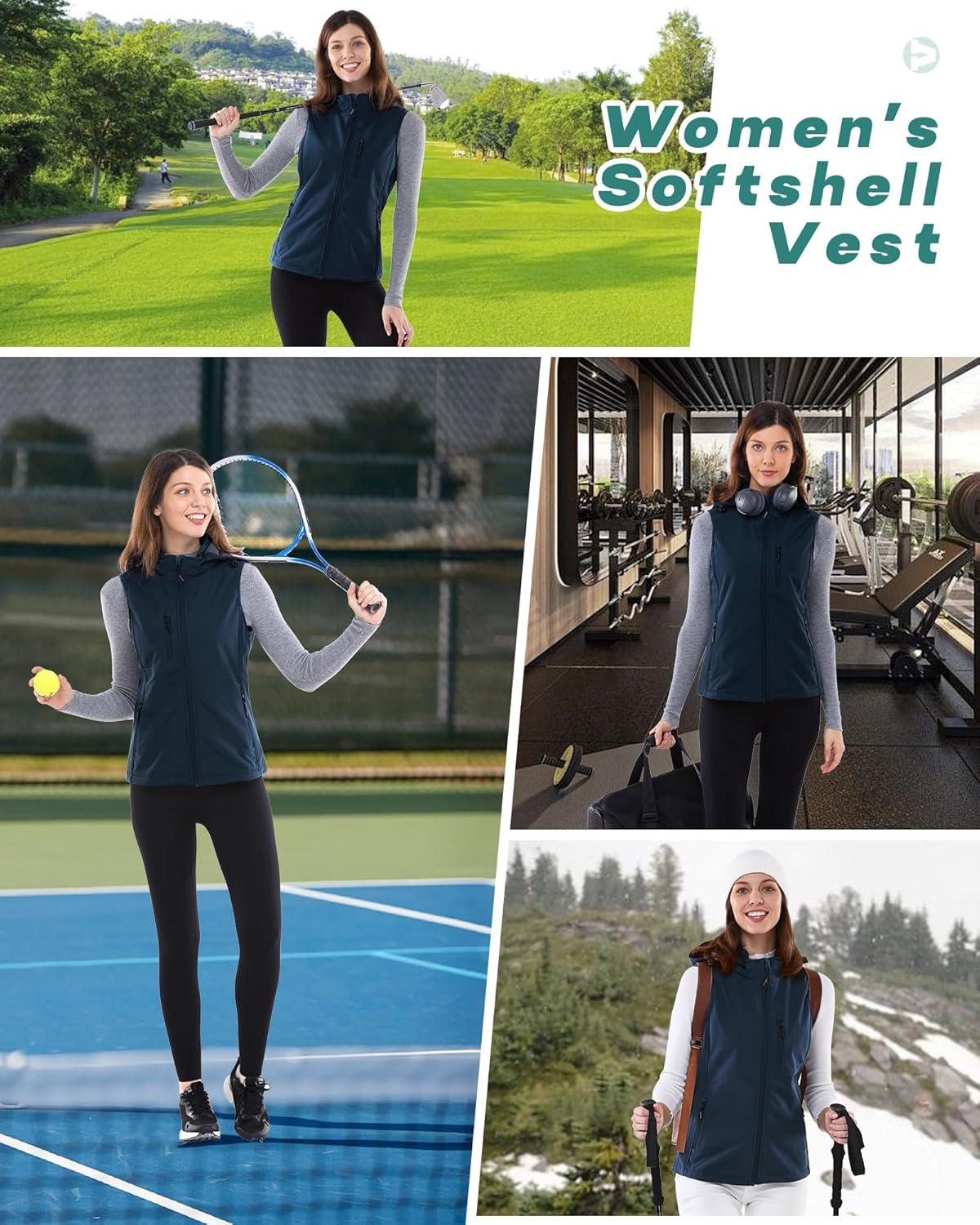 Outdoor Ventures Women’s Hooded Lightweight Softshell Vest, Windproof Fleece Lined Sleeveless Jacket for Golf Running Travel(Dark Blue)