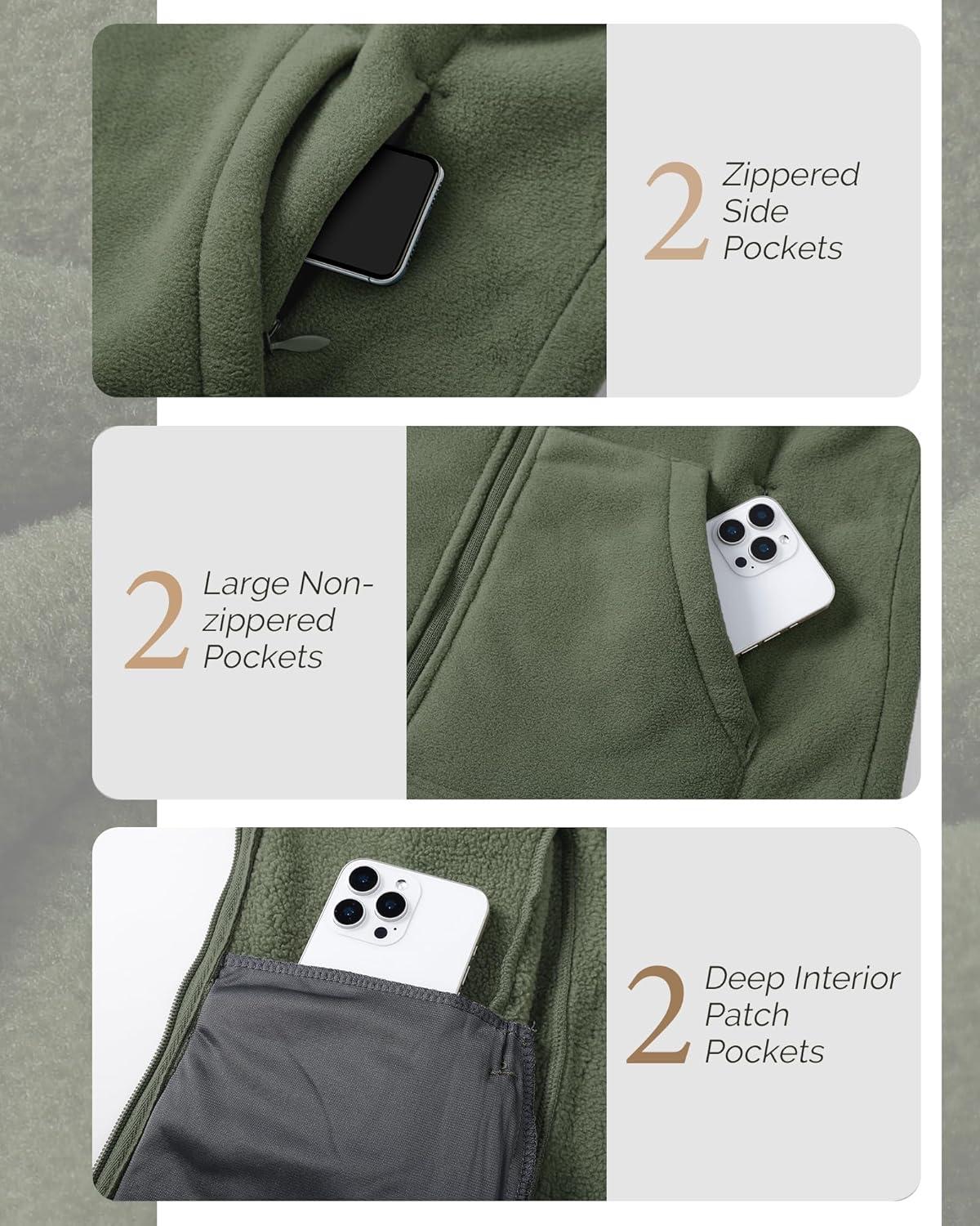 Outdoor Ventures Women’s Full Zip Hooded Fleece Jacket Coat with 6 Pockets, Warm Soft Polar Fleece Casual Hoodie Sweatshirt(Green Gray)