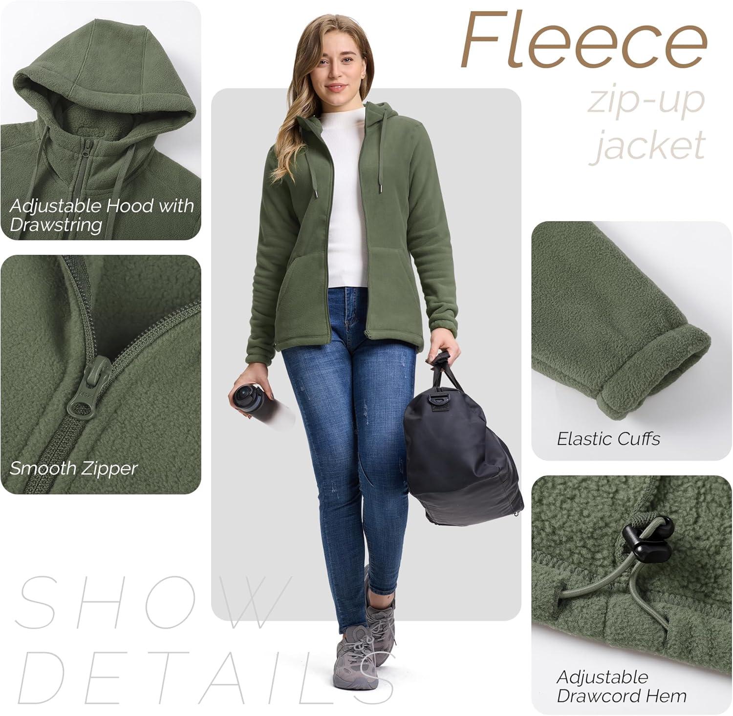 Outdoor Ventures Women’s Full Zip Hooded Fleece Jacket Coat with 6 Pockets, Warm Soft Polar Fleece Casual Hoodie Sweatshirt(Green Gray)